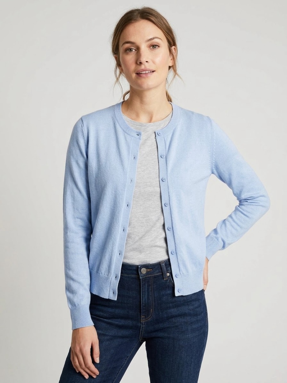 Classic Crewneck Button-Front Sweater Cardigan - Light Blue